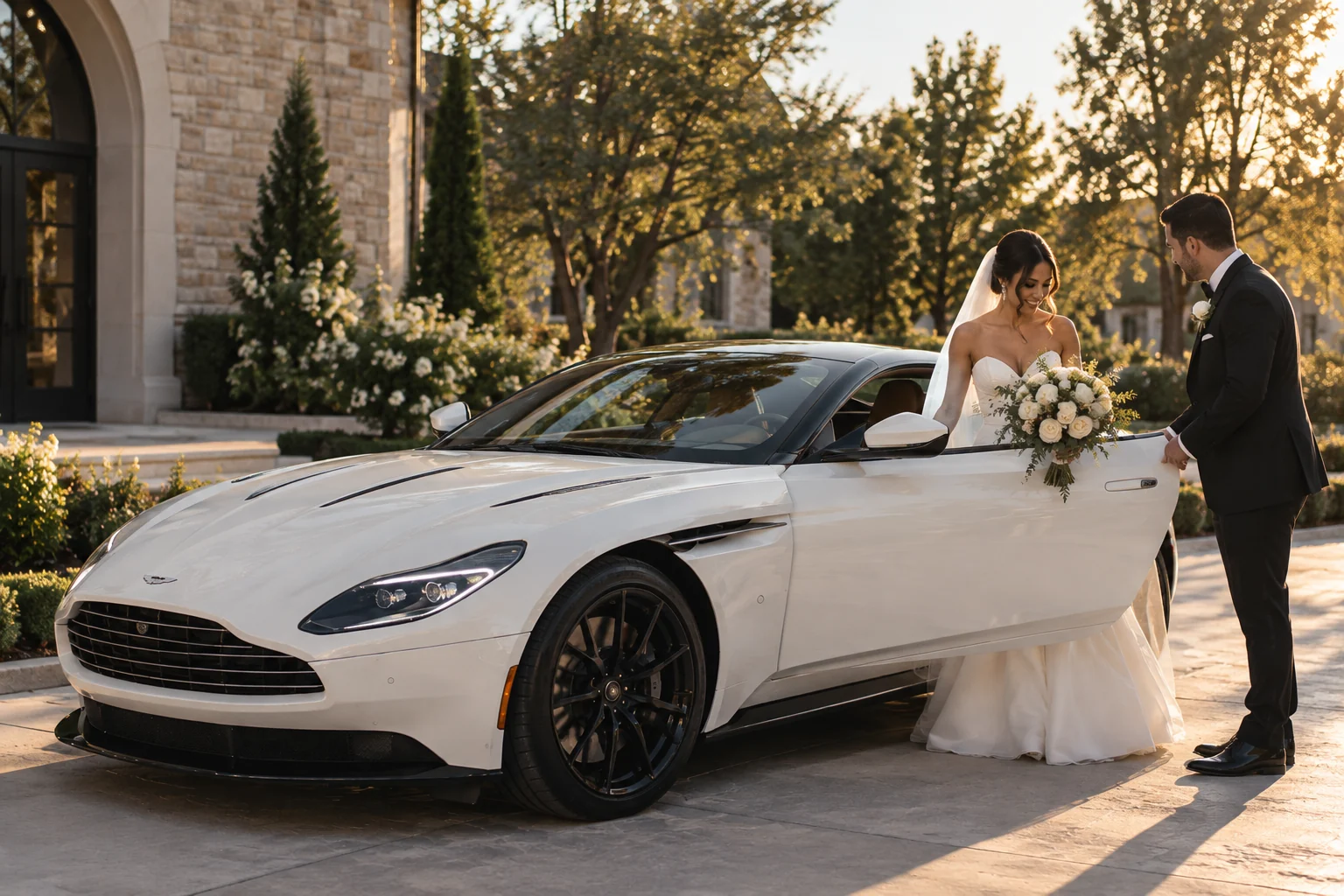 Illustrative wedding arrival scene with a white Aston Martin DB11, bride and groom at a venue